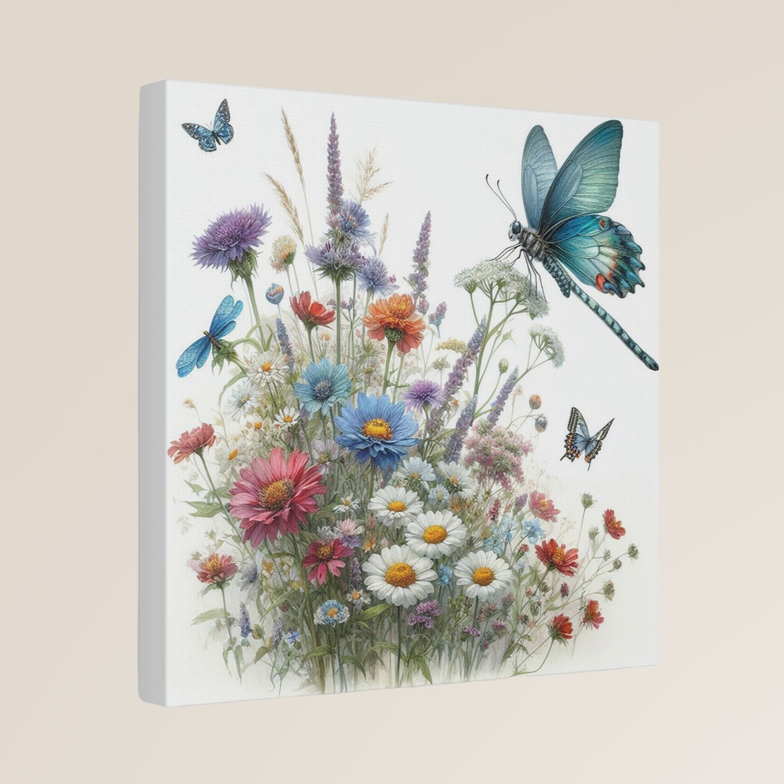 Canvas print of a colorful floral arrangement with butterflies on a beige background