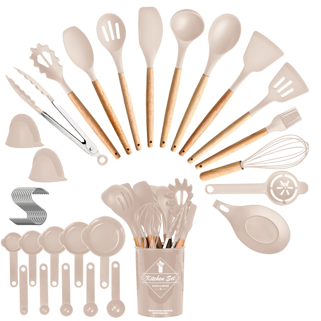Set of kitchen utensils including spatulas, spoons, and whisks in a neutral color on a white background.