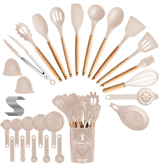 Set of kitchen utensils including spatulas, spoons, and whisks in a neutral color on a white background.