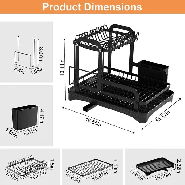 Black dish rack with dimensions displayed on a white background