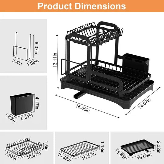 Black dish rack with dimensions displayed on a white background
