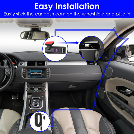 Car interior with a dash cam installation guide, showing easy installation steps.
