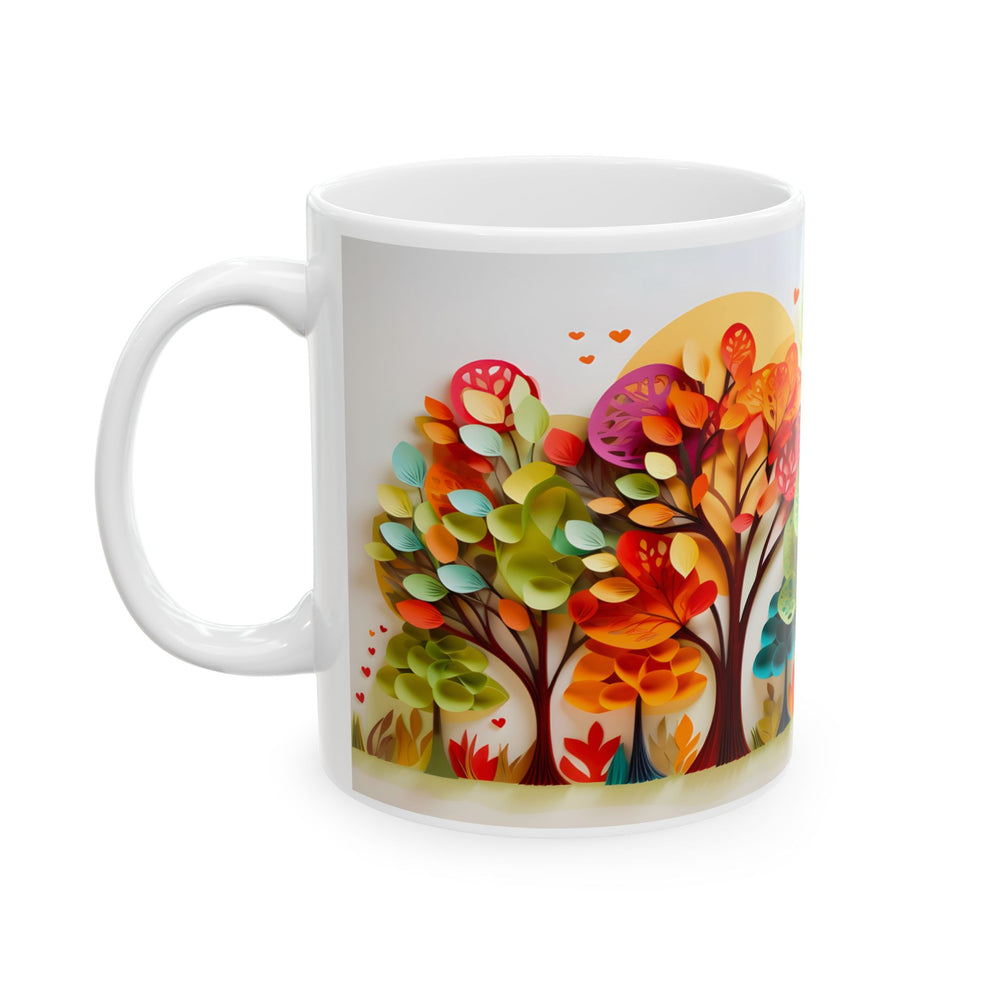 White mug with a colorful tree design on a white background