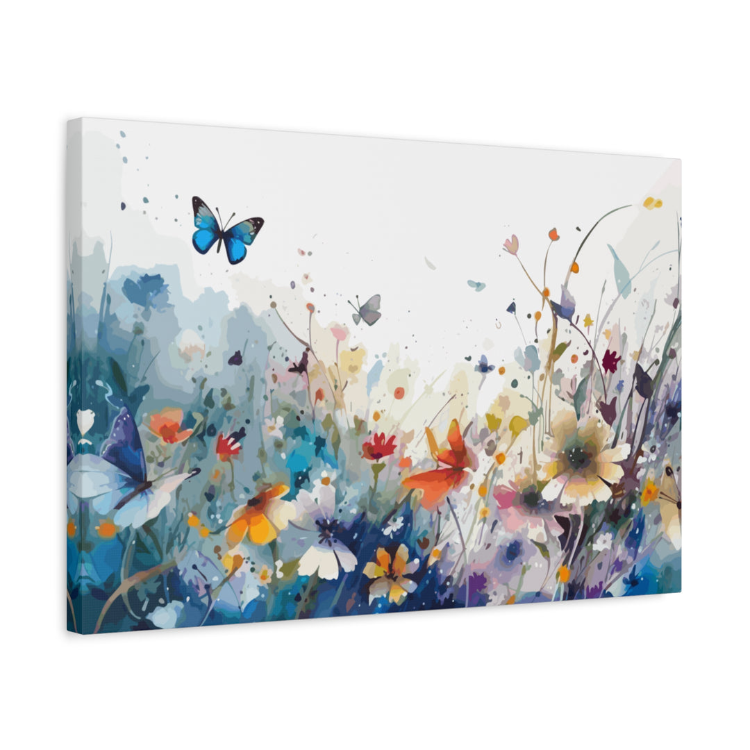 Canvas print of a colorful floral scene with butterflies on a white background