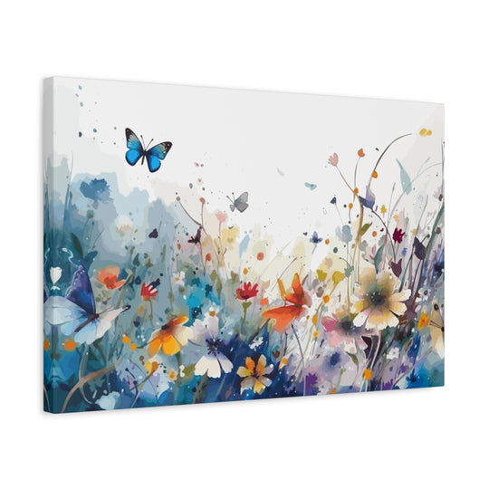 Canvas print of a colorful floral scene with butterflies on a white background