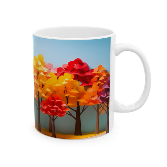 Mug with colorful autumn tree design on a white background