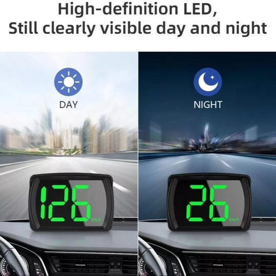 Car dashboard display showing speedometer with day and night visibility text.