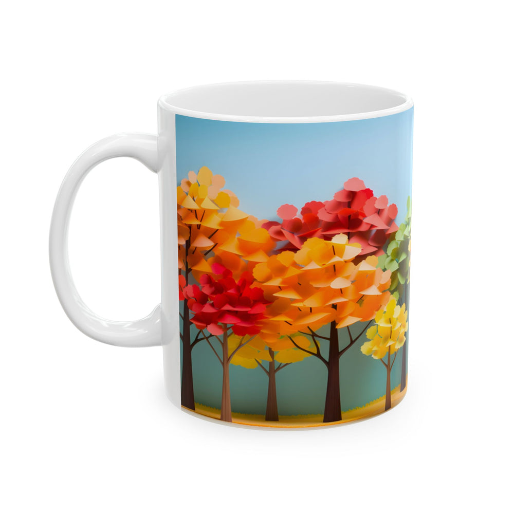 Mug with colorful autumn tree design on a white background