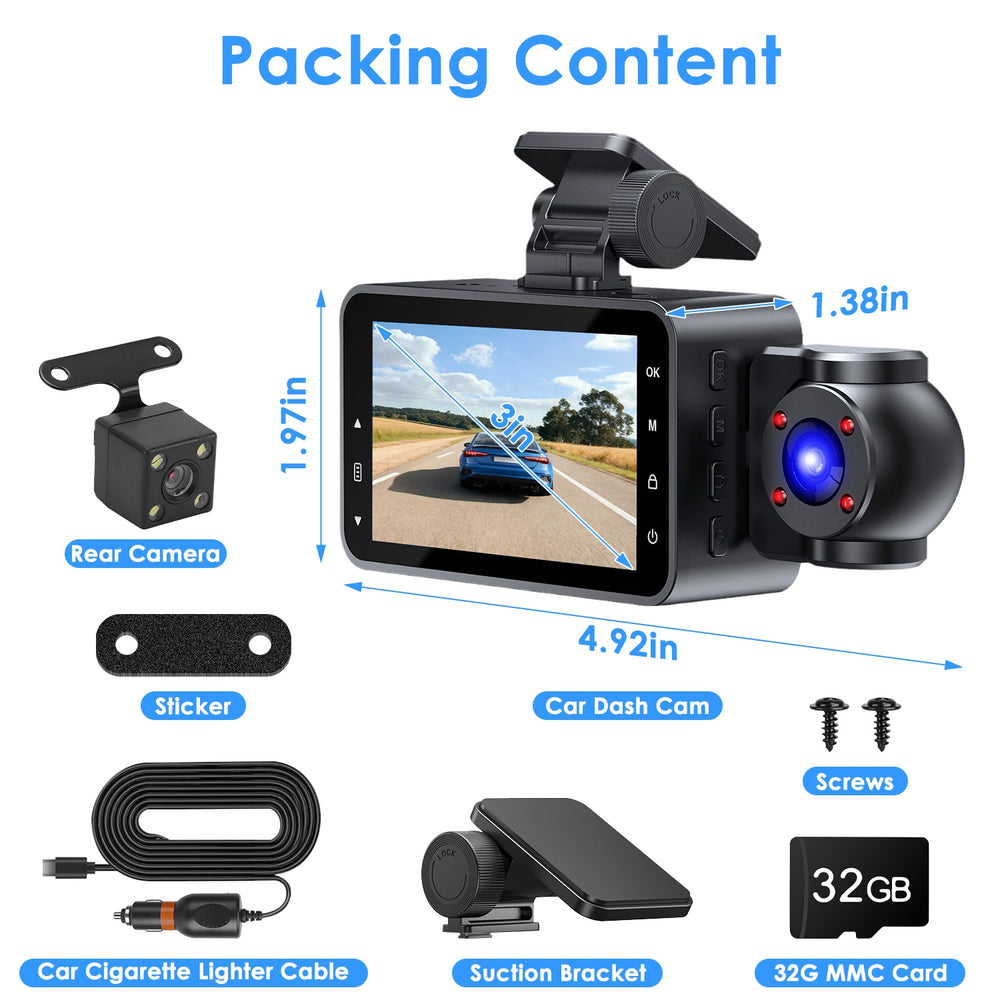 3-Channel 1080P WiFi Dash Cam with 32GB Card