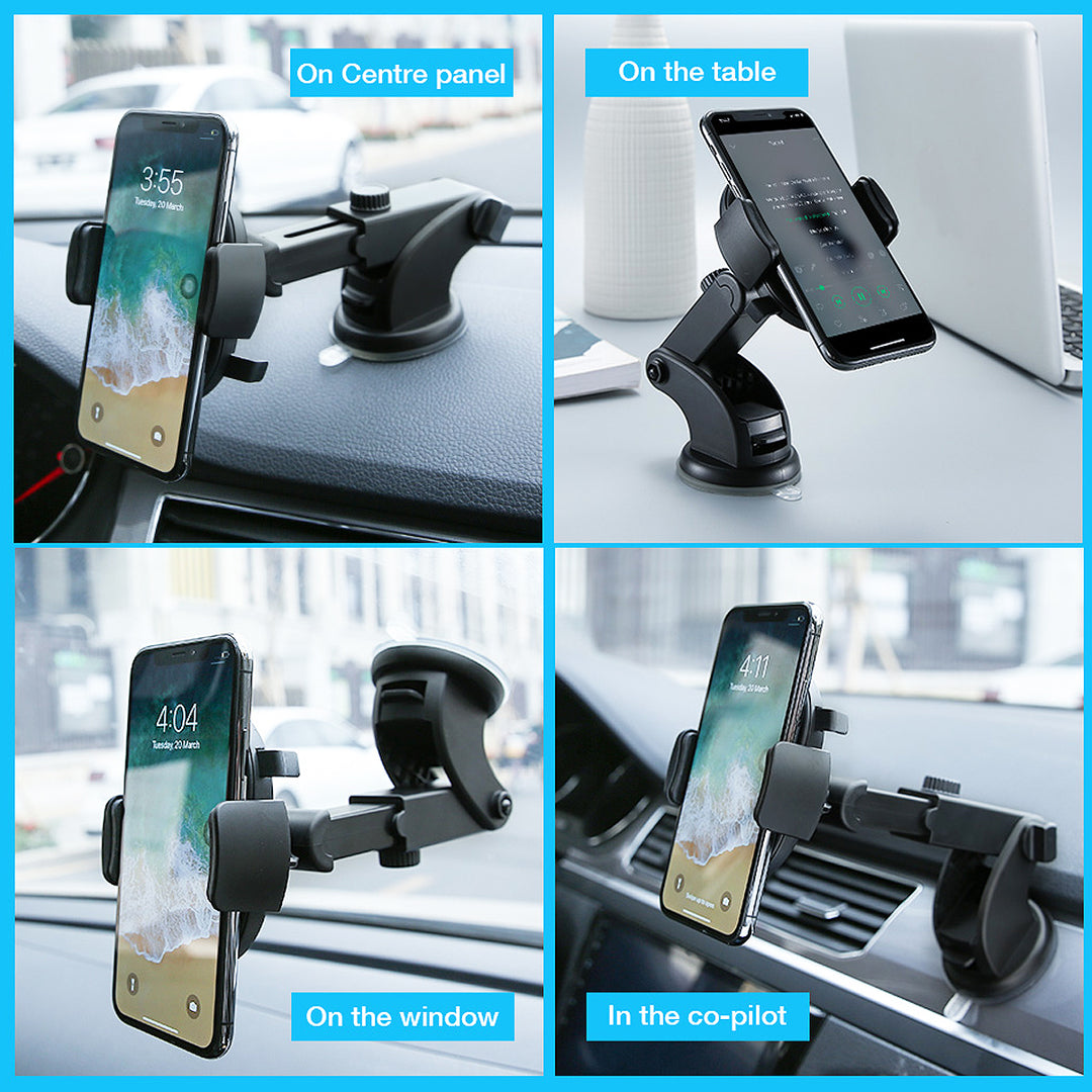 Phone holder in various positions including center panel, table, window, and co-pilot.