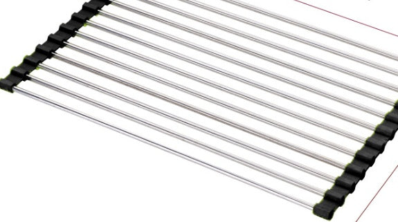Metal cooling rack with black plastic ends on a white background