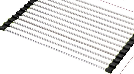 Metal cooling rack with black plastic ends on a white background