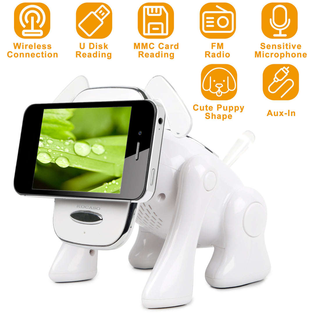 White electronic device shaped like a dog with a screen, surrounded by feature icons on a white background.