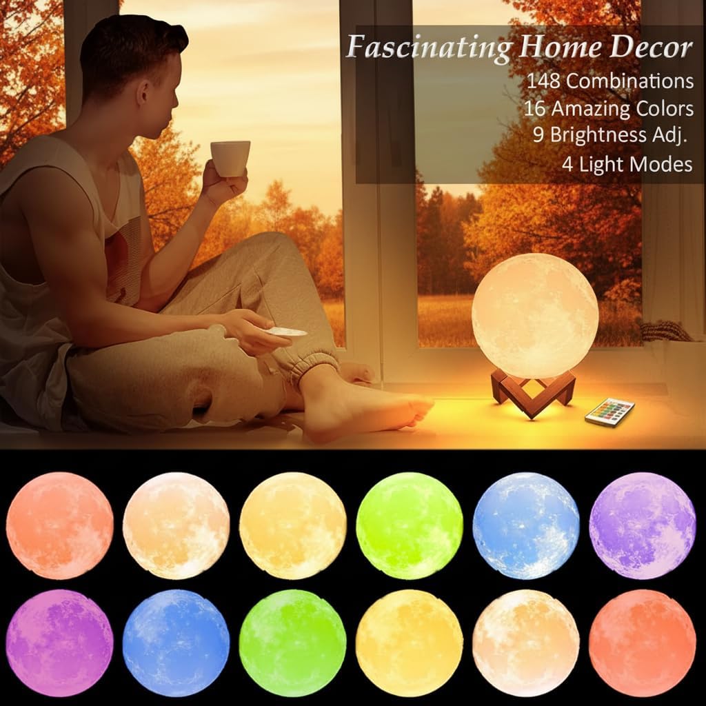 16-Color LED Moon Lamp with Stand &amp; Remote