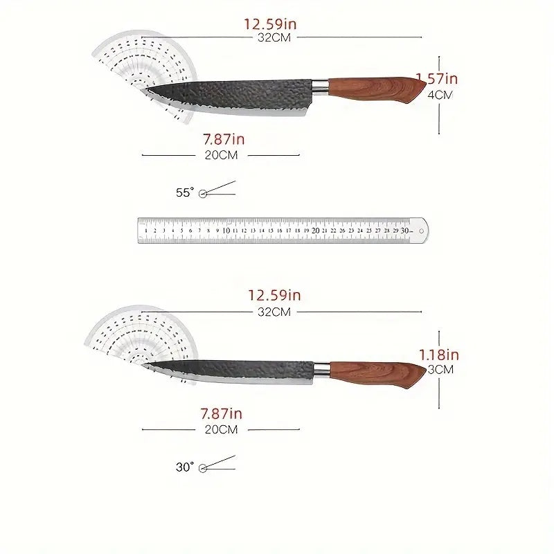 Measurement chart of a knife with dimensions and angles labeled