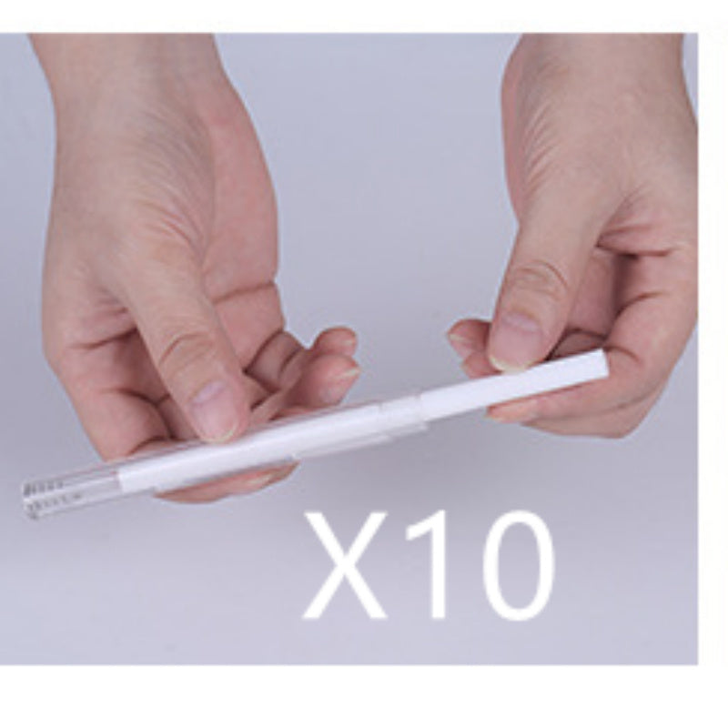 Two hands holding a white pen against a light gray background with &