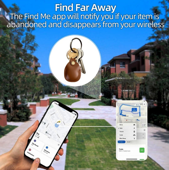 Advertisement for Find Me app showing a keychain with a tag and a hand holding a phone with app interface.