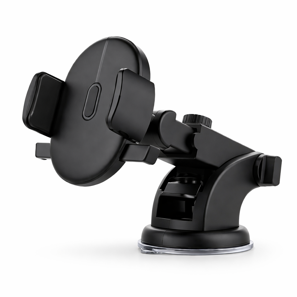 Black car phone holder with suction cup on a white background