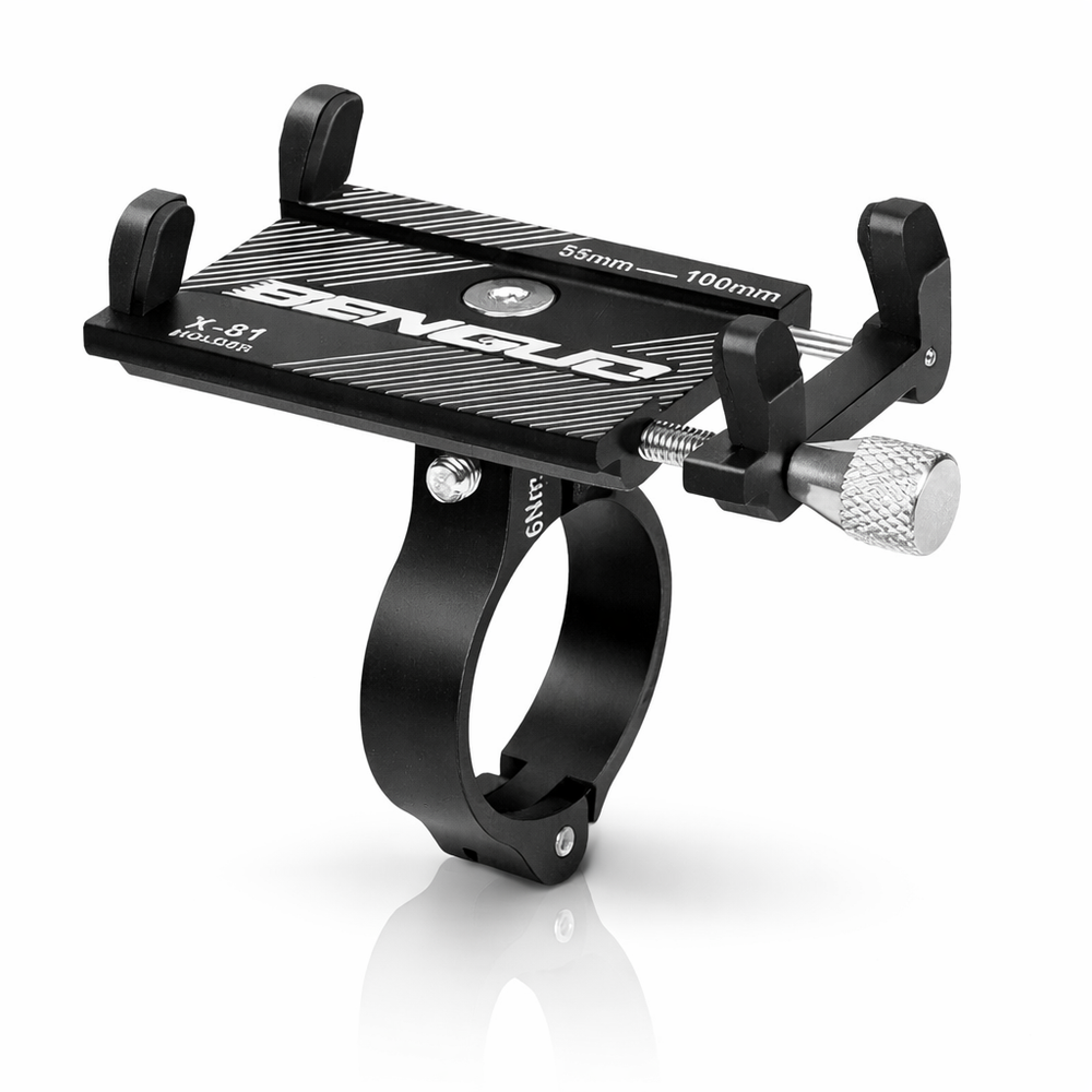 Black metal phone holder with brand logo on a white background