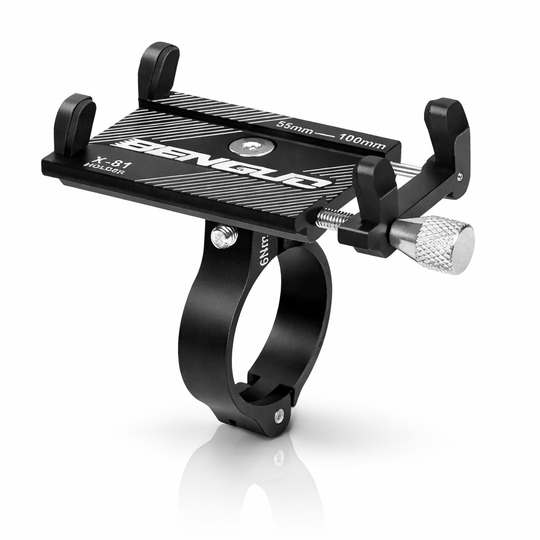 Black metal phone holder with brand logo on a white background