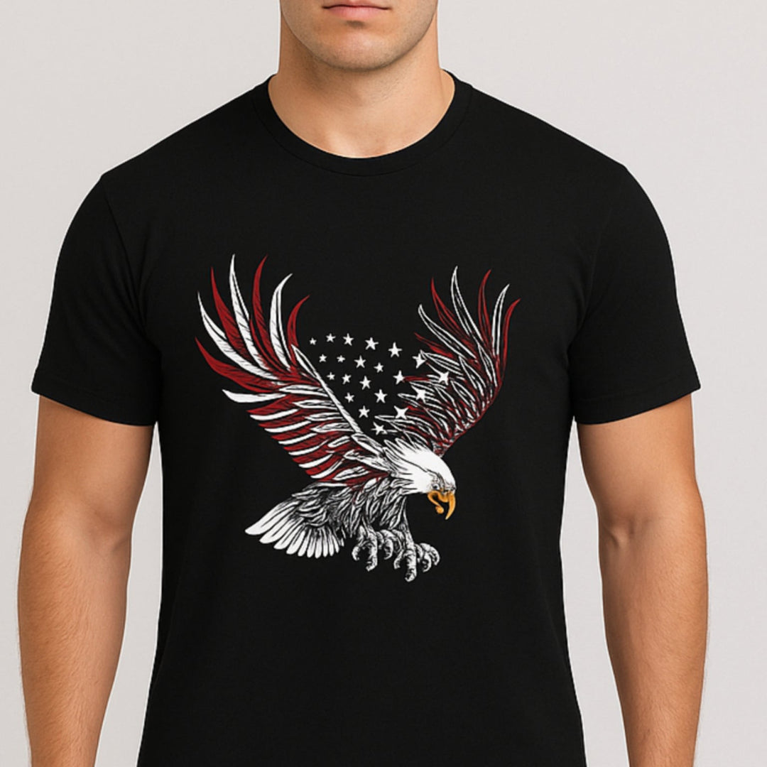 Black t-shirt with an eagle and American flag design worn by a person on a light gray background
