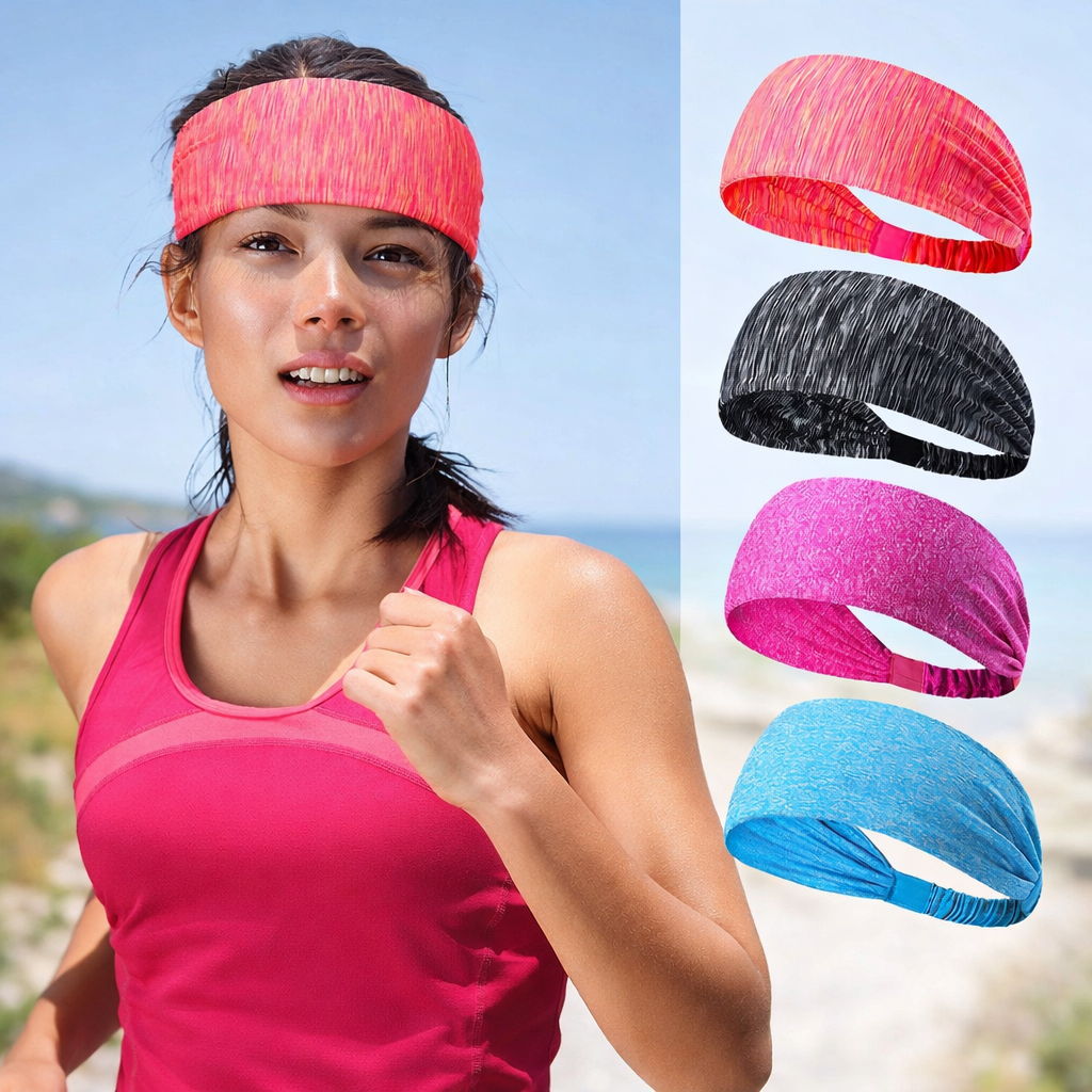 Woman running outdoors wearing a quick-dry pink sports headband for women during workout.