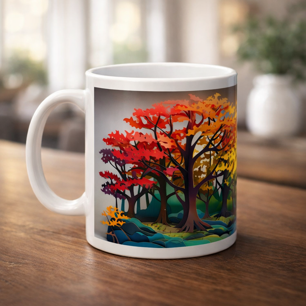 Autumn forest mug on wooden surface