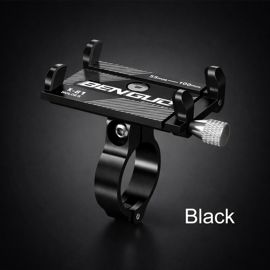 Black phone holder with brand name on a dark background