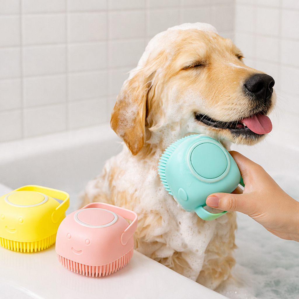 Dog being bathed with a turquoise scrubber, surrounded by yellow and pink bath toys in a bathtub.
