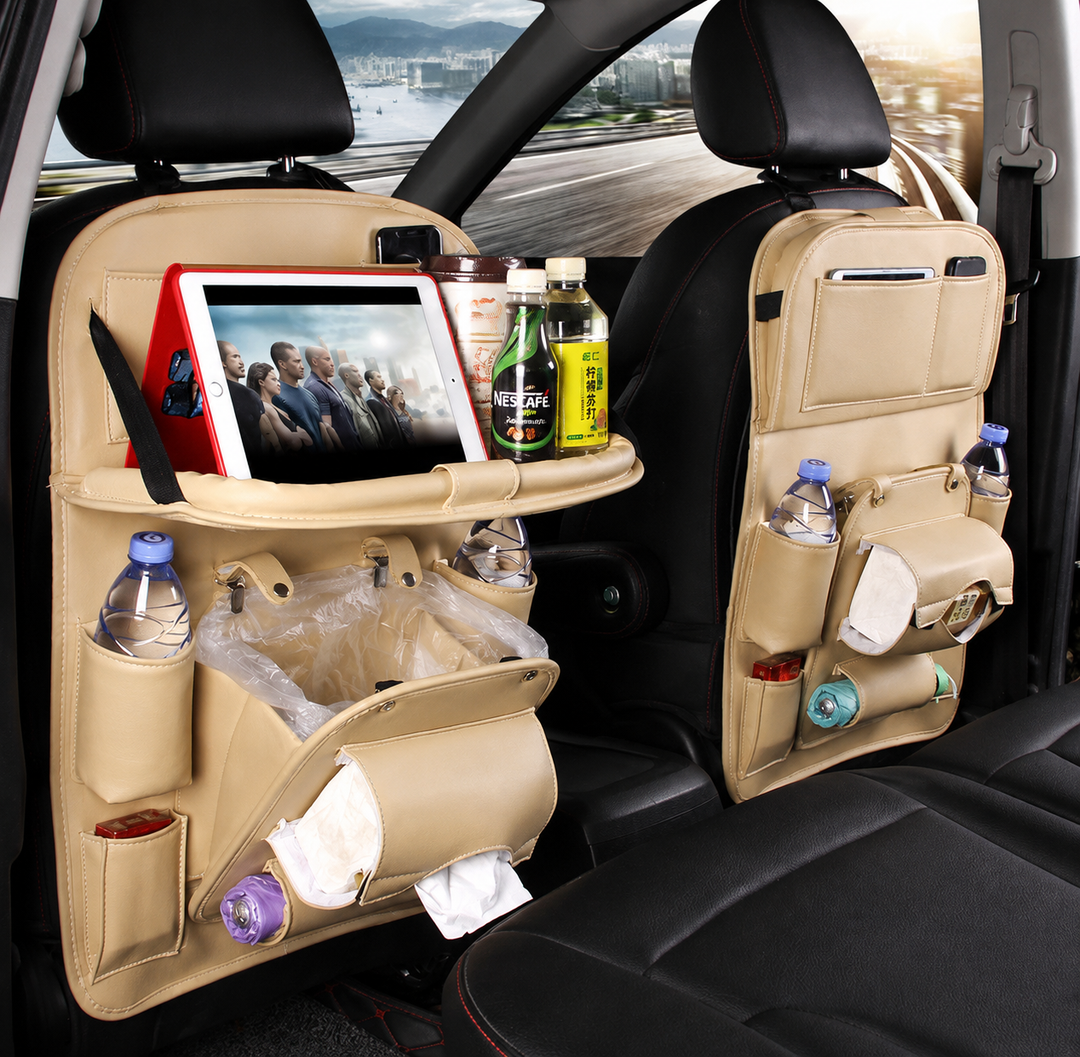PU Leather Car Seat Organizer with Tray &amp; Trash Pocket