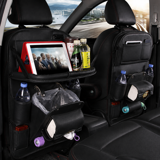 PU Leather Car Seat Organizer with Tray &amp; Trash Pocket