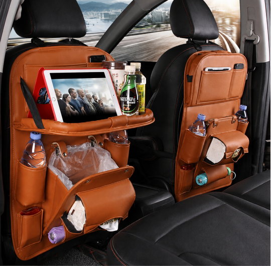 PU Leather Car Seat Organizer with Tray &amp; Trash Pocket