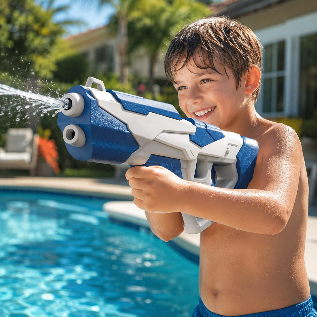 Rechargeable ShipItFurniture water gun with automatic water refilling and spray function, ideal for outdoor water play.