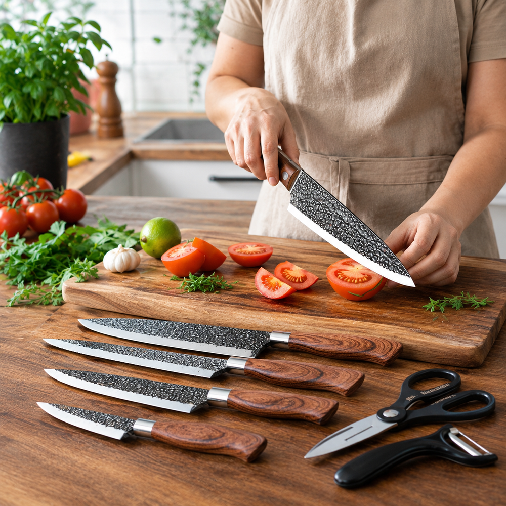 Six-piece forged stainless steel kitchen knife set by SuperFamilyUSA, featuring various knives with ergonomic handles.