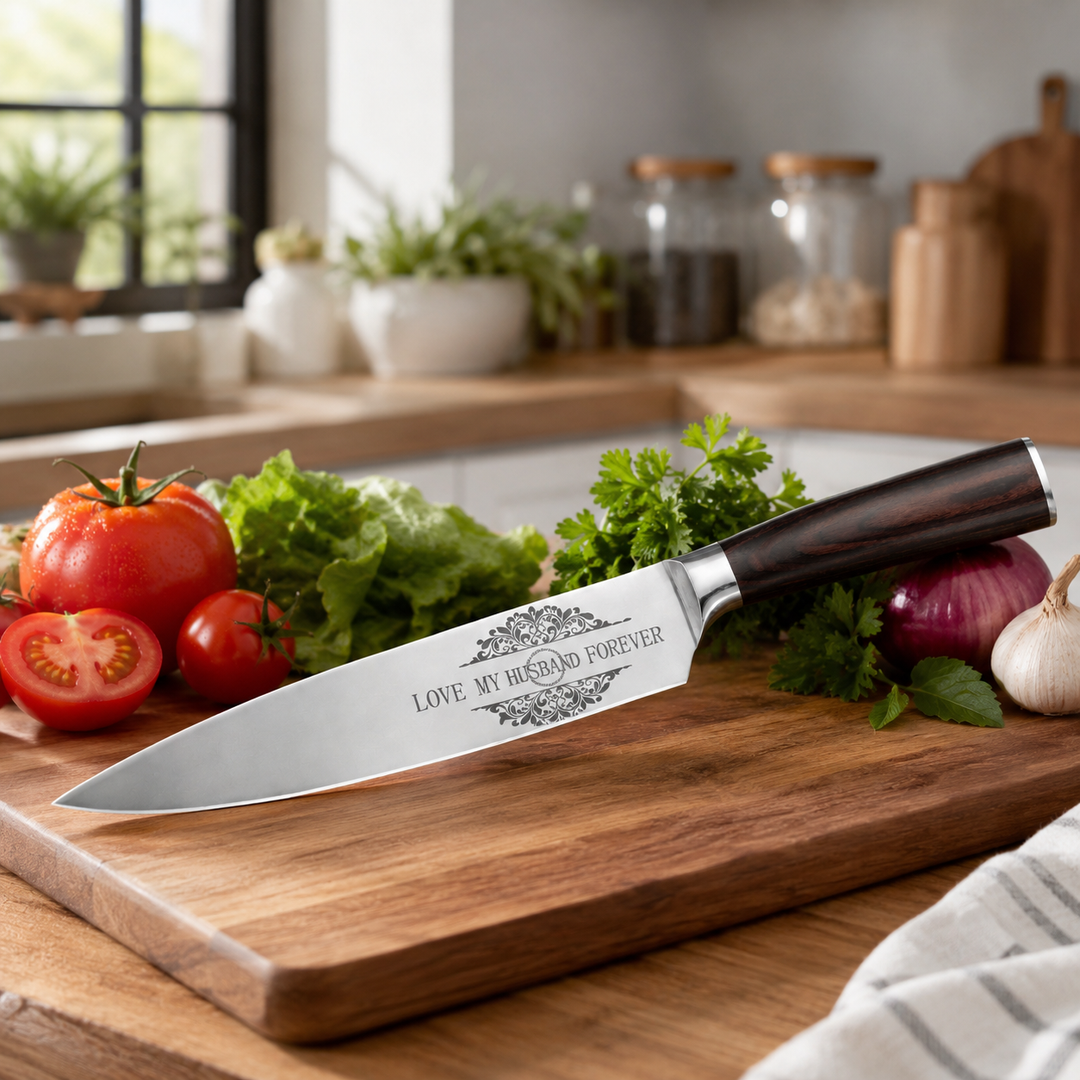 Personalized engraved chef knife by SuperFamilyUSA, showcasing a custom handle and sharp stainless steel blade for culinary use.