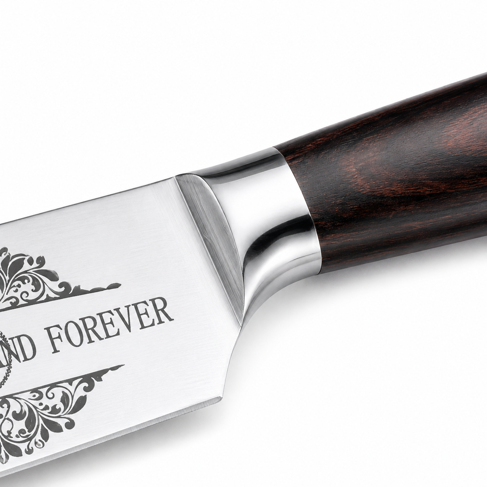 Personalized engraved chef knife from SuperFamilyUSA with custom engraving, sleek stainless steel blade and comfortable handle.