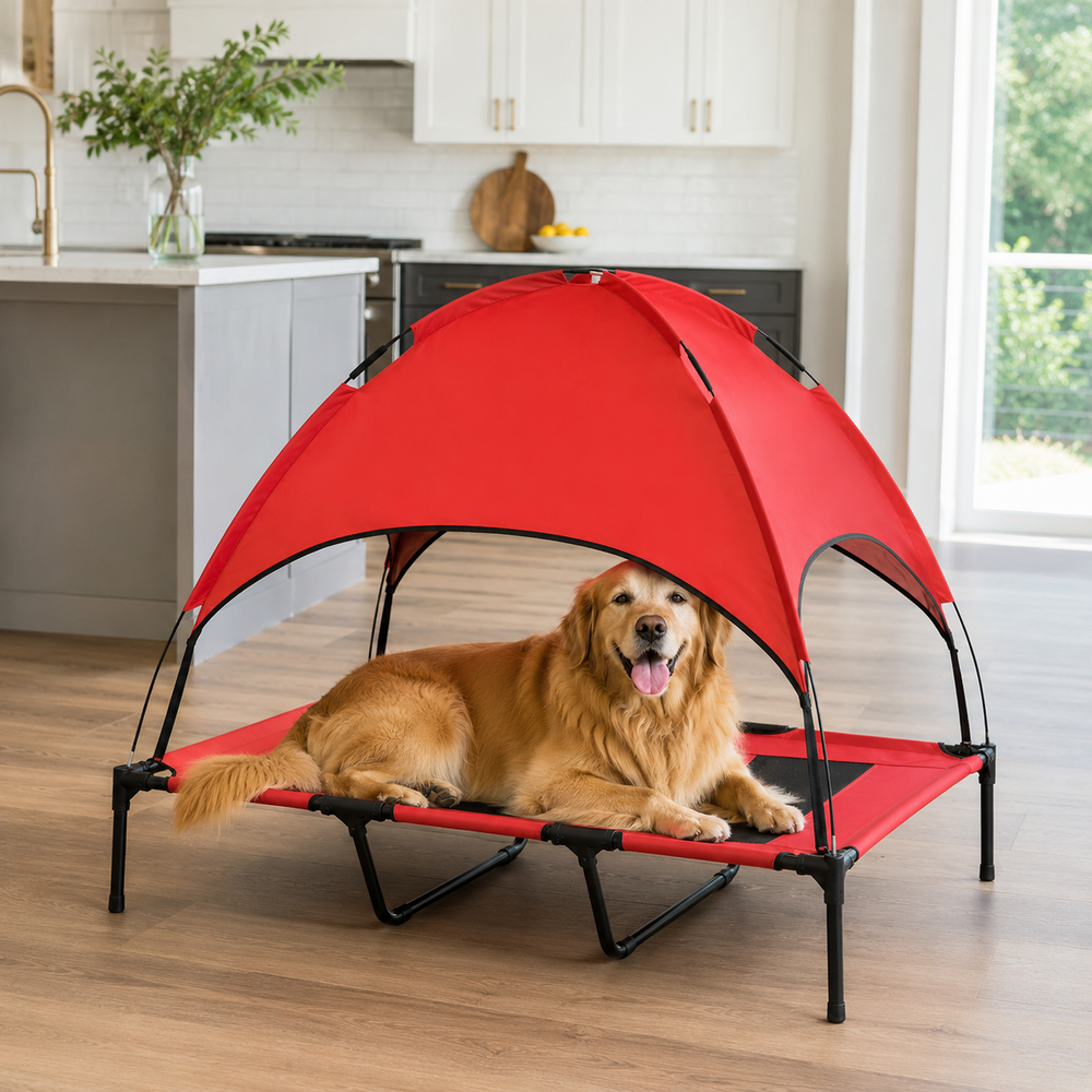 SuperFamilyUSA elevated dog cot bed with removable canopy, showcasing a cozy, raised pet bed with a protective cover.