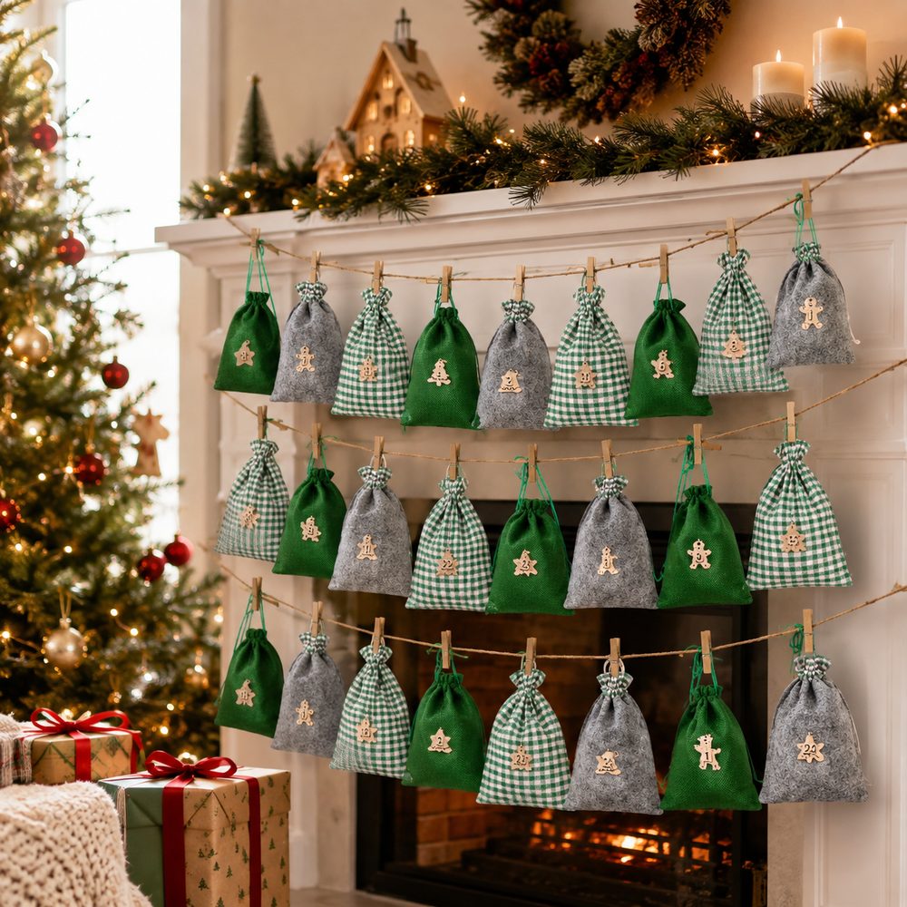 Christmas Advent Calendar Drawstring Gift Bag Set