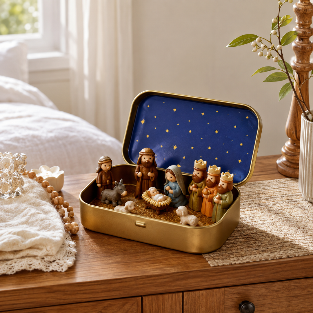 Portable Miniature Christmas Nativity Scene in Tin Box