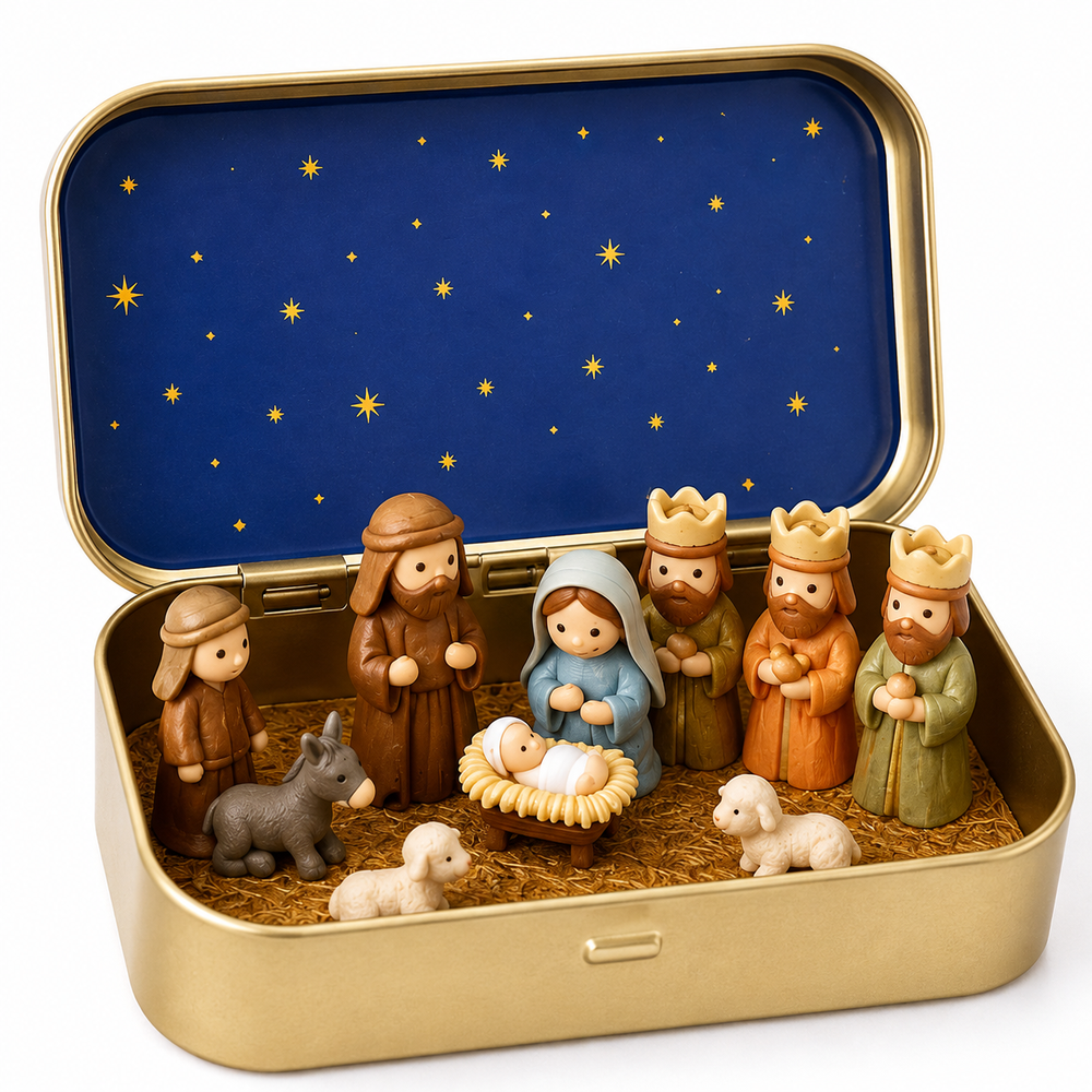 Portable Miniature Christmas Nativity Scene in Tin Box