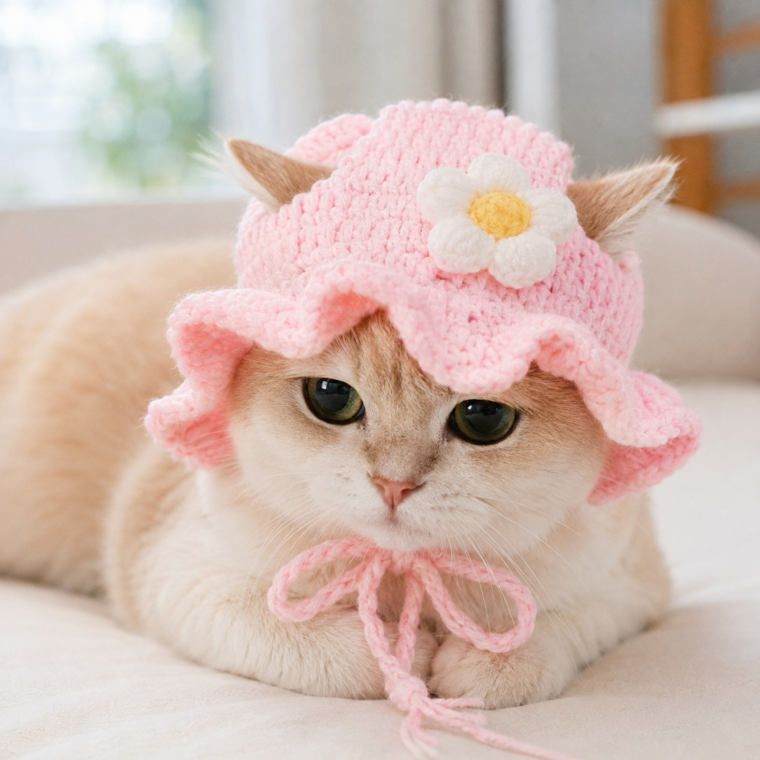 Knitted Floral Pet Hat for Cats &amp; Small Dogs