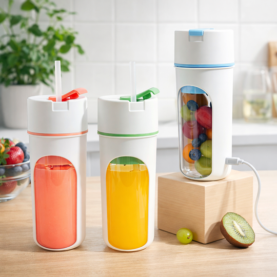 Three colorful water bottles with fruit compartments on a kitchen counter.