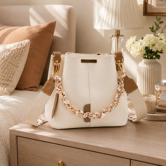 Luxury Bucket Shoulder Bag with Chain Scarf Strap