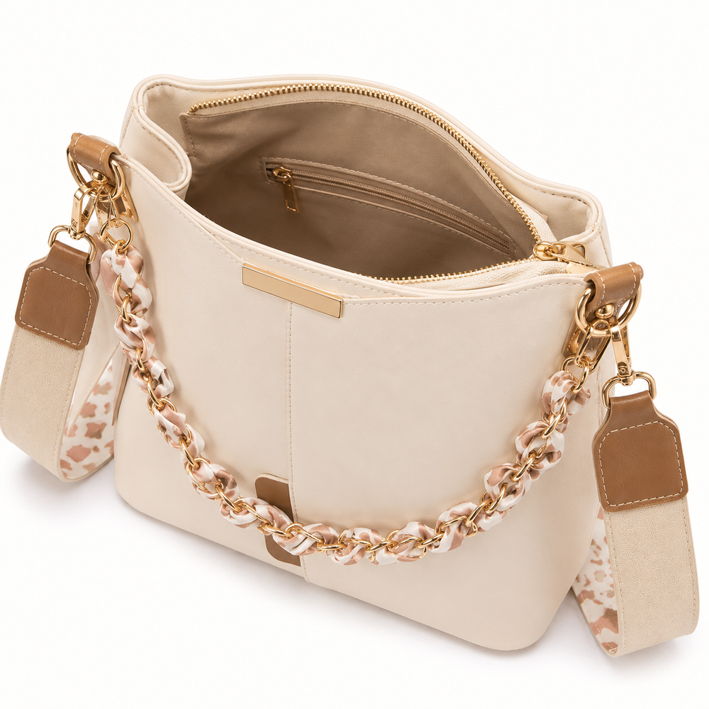 Luxury Bucket Shoulder Bag with Chain Scarf Strap