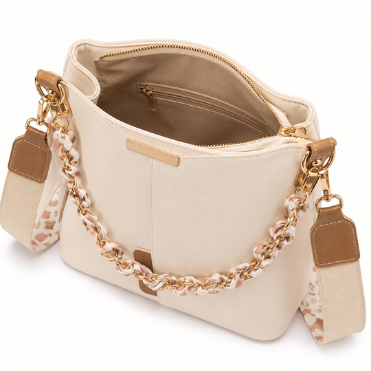 Luxury Bucket Shoulder Bag with Chain Scarf Strap
