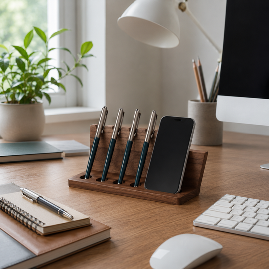 Walnut Wood Desk Organizer Pen Holder &amp; Phone Stand