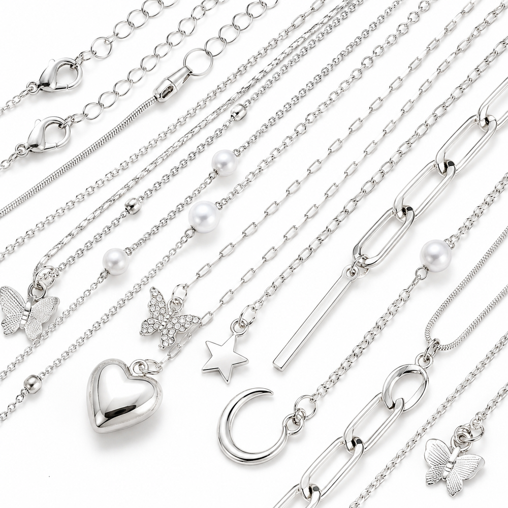 13-Piece Silver Tone Charm Necklace Set for Women