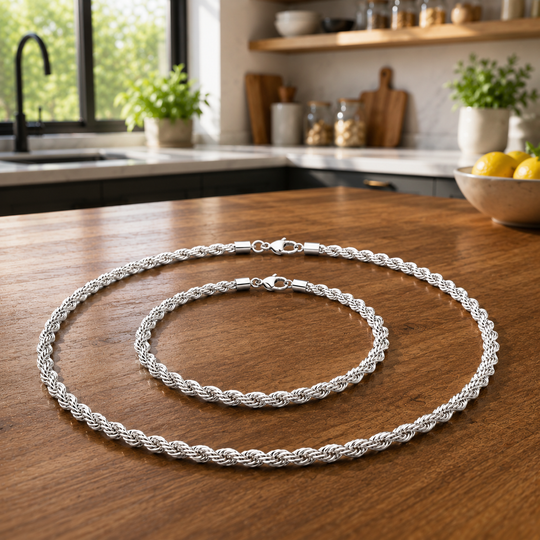 925 Sterling Silver Rope Chain Necklace &amp; Bracelet Set
