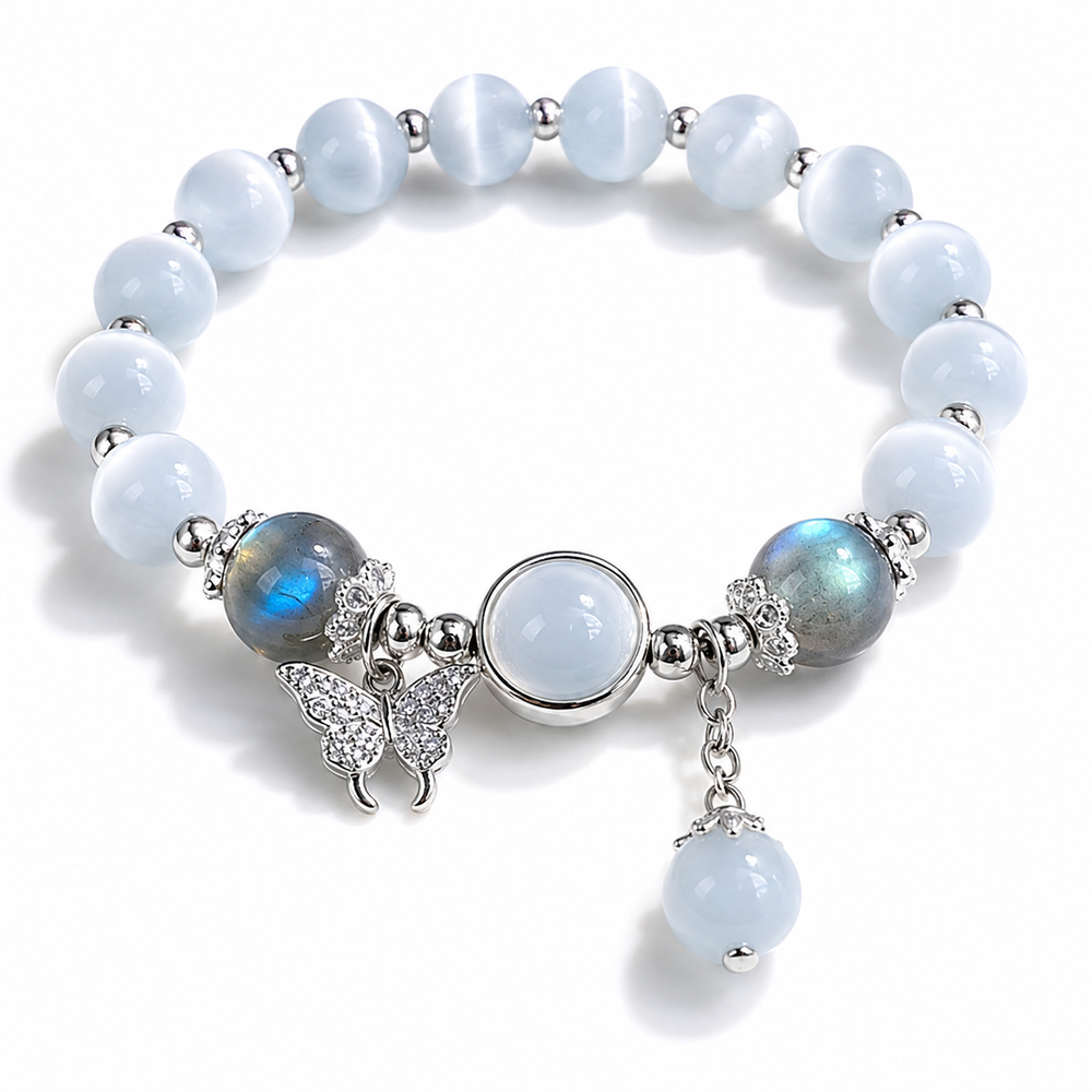 Dainty Blue Cat's Eye Butterfly Charm Beaded Bracelet