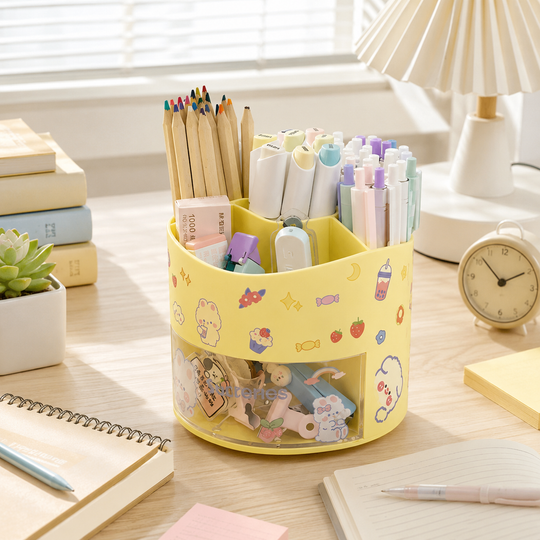 Cute Rotating Pen Holder with Drawer Storage Organizer